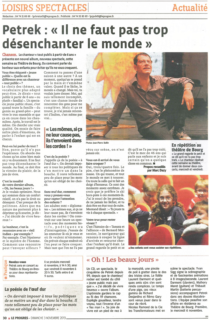 Article du Progrès de novembre 2013 - spectacle Petrek Oh les beaux jours